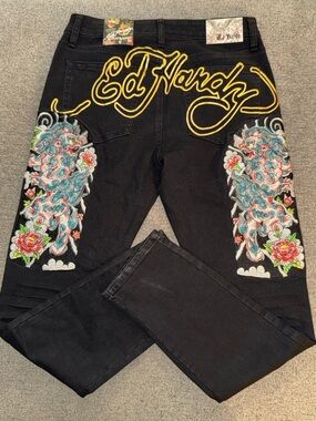 Ed Hardy Black Slim Straight Jeans with Floral Side Embroidery
